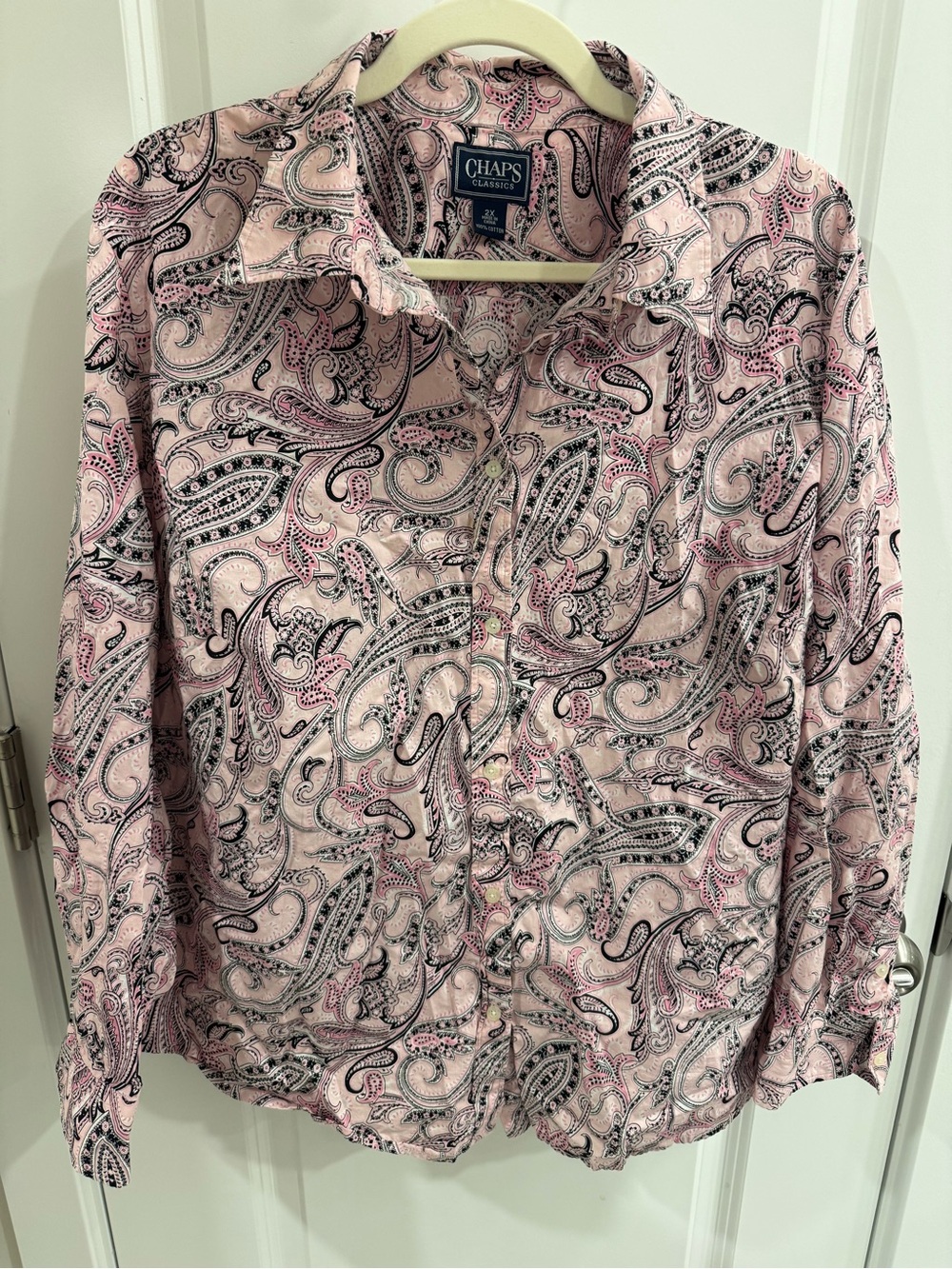 Chaps Classics Pink Black Paisley Button Up Shirt Women's Plus 2X 100% Cotton